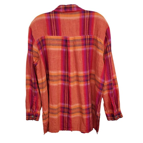 Chicos Design 3 Size XL Shirt Abalone Shell Button Plaid 100% Linen Relaxed Boho - Picture 3 of 11